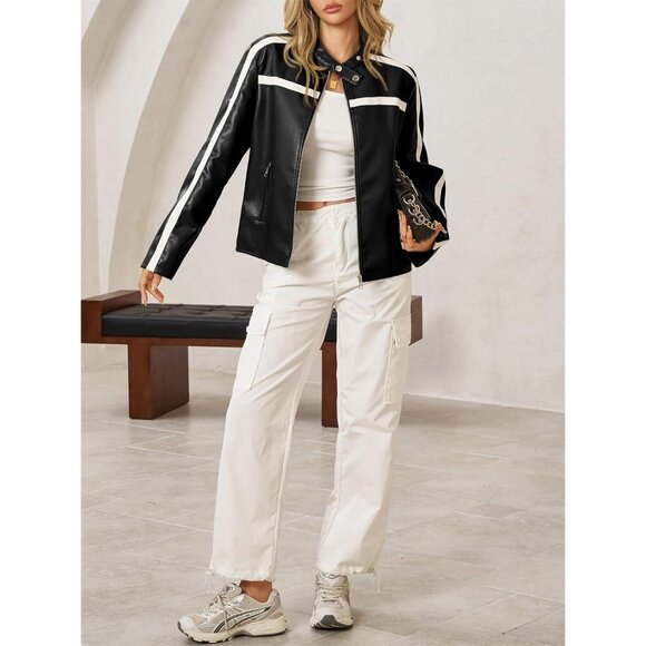 Women's Black Faux Leather Zip Up Moto Biker Y2K Racing Bomber Jackets - Picture 4 of 5